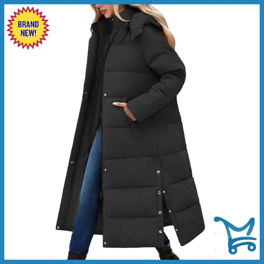 Long Puffer Down Coat Quilted Zip Parka Removable Hood Winter Warm